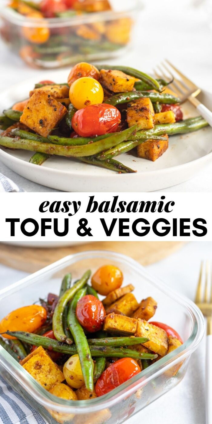 Pinterest graphic with an image and text for balsamic tofu.