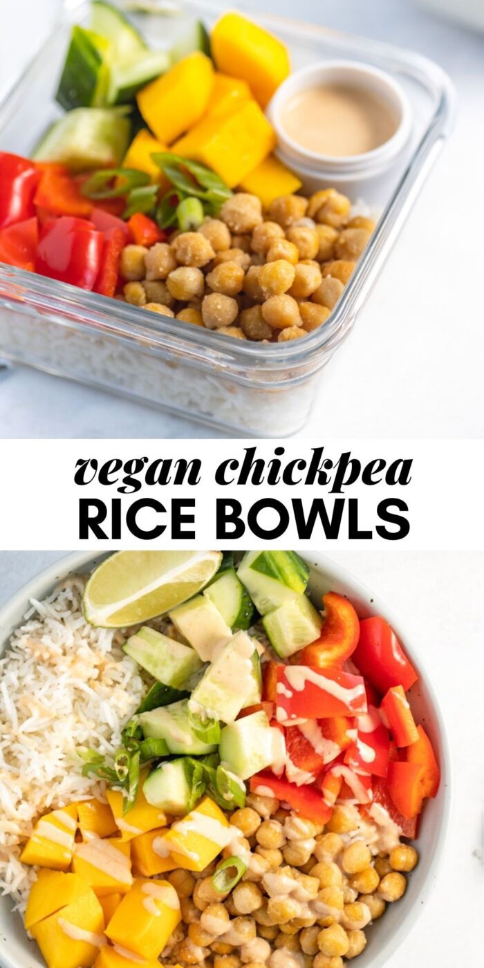 Pinterest graphic with an image and text for vegan chickpea rice bowls.