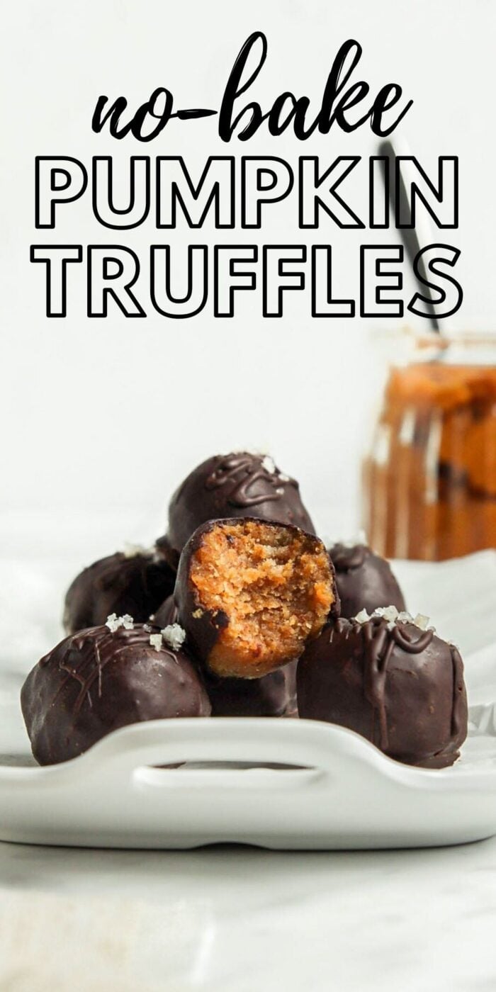 Pinterest graphic with an image and text for pumpkin truffles.