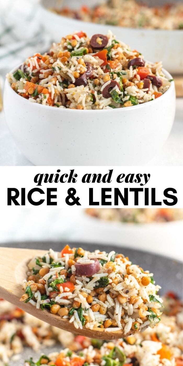 Pinterest graphic with an image and text for rice and lentils.