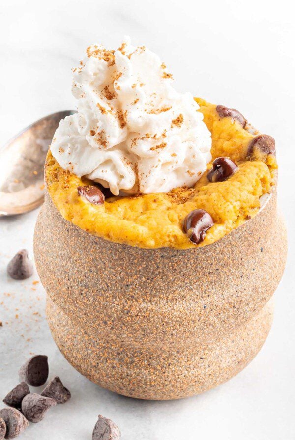 Close up of a pumpkin mug cake with chocolate chips and whipped cream.