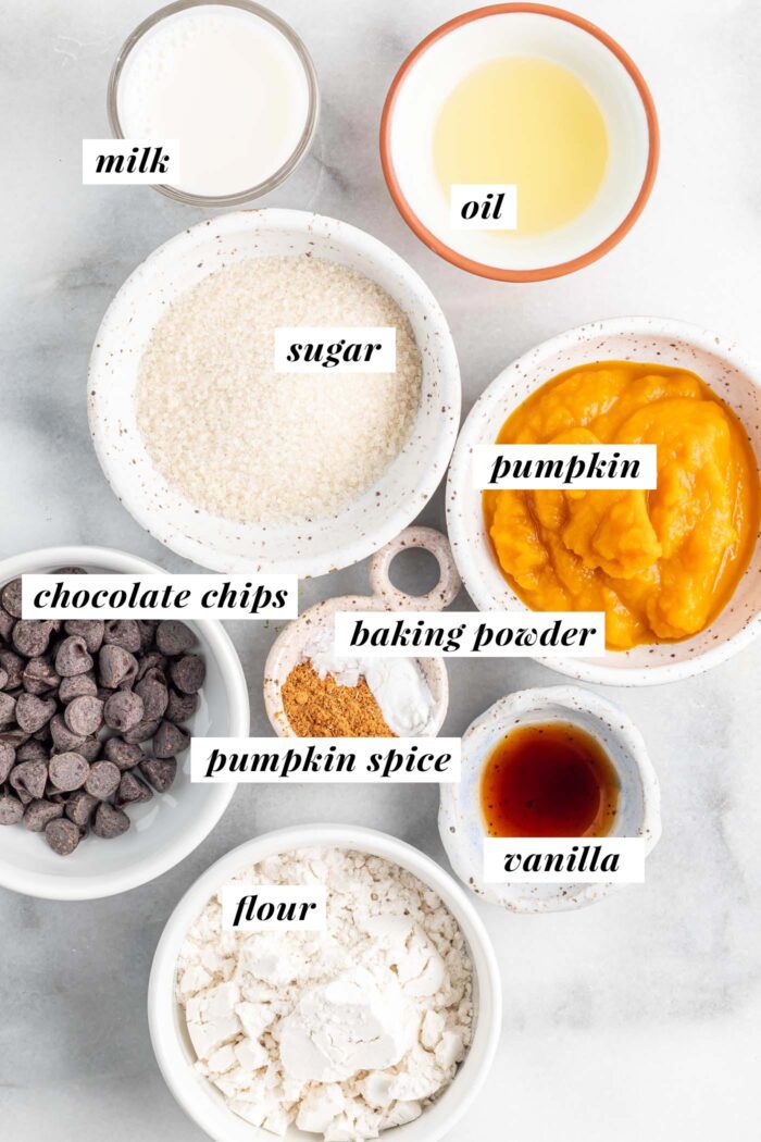Visual list of ingredients for making a pumpkin mug cake.
