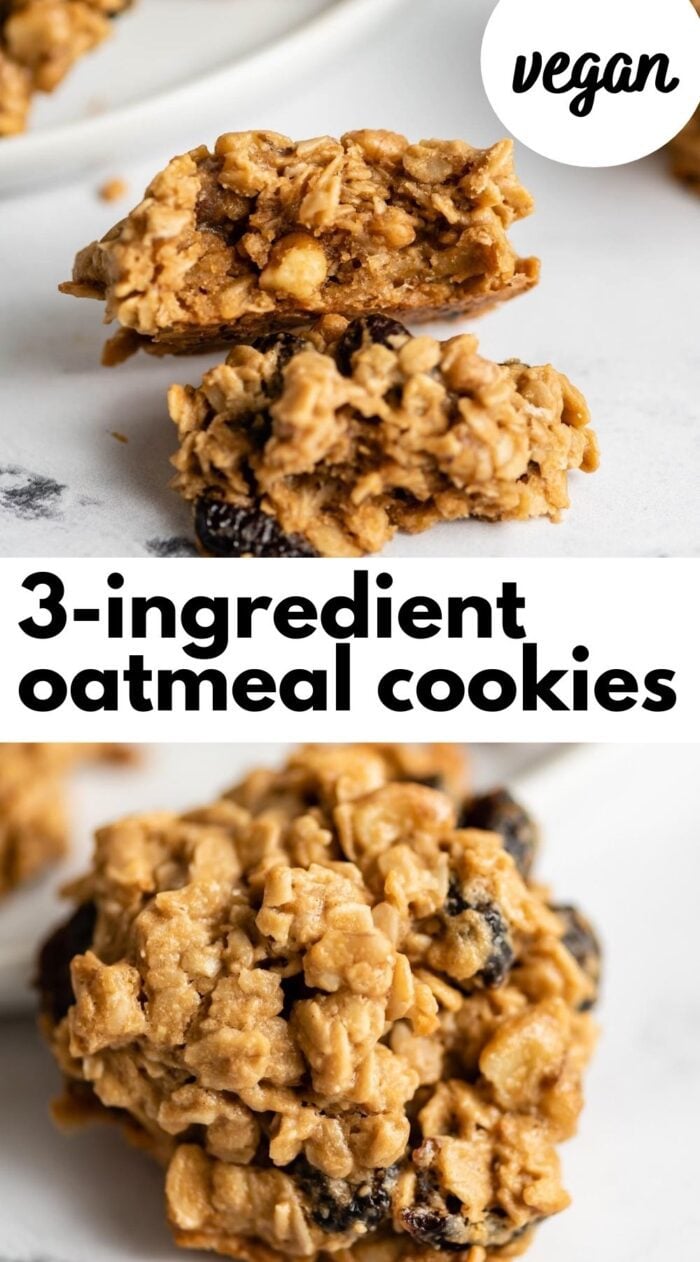 Pinterest graphic with two images and text reading 3-ingredient oatmeal cookies. A small text circle in the corner says vegan.