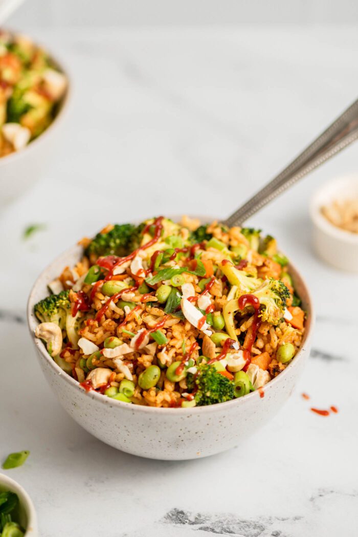 Bowl of fried rice with broccoli, carrot, edamame and green onion topped with chopped cashews.
