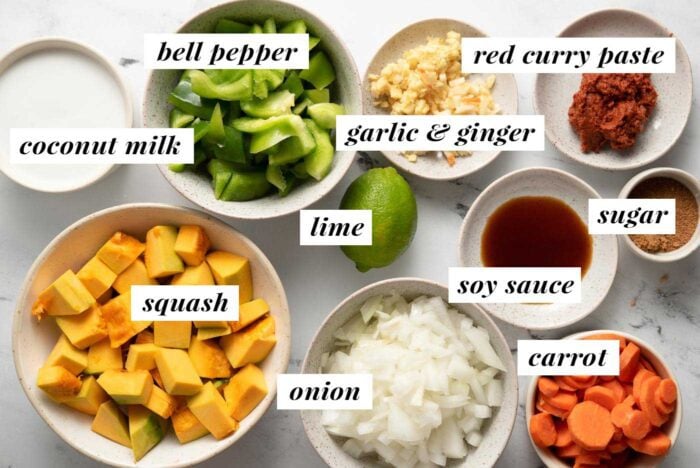 Visual list of ingredients for making a kabocha squash red curry. Each ingredient is labelled with a text overlay.