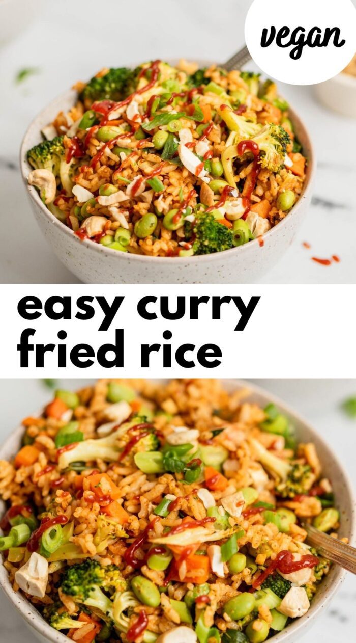 Pinterest graphic with an image and text for curry fried rice.