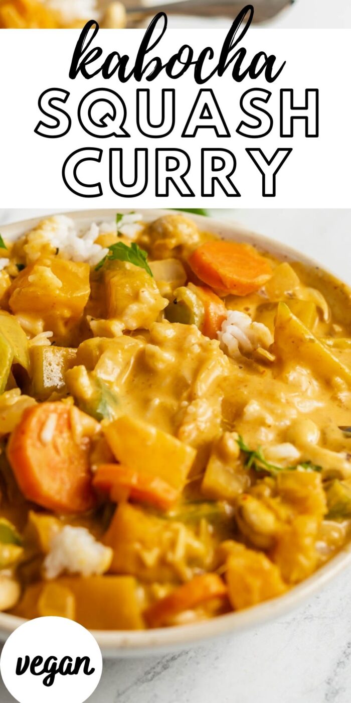 Pinterest graphic with an image and text for kabocha squash curry..