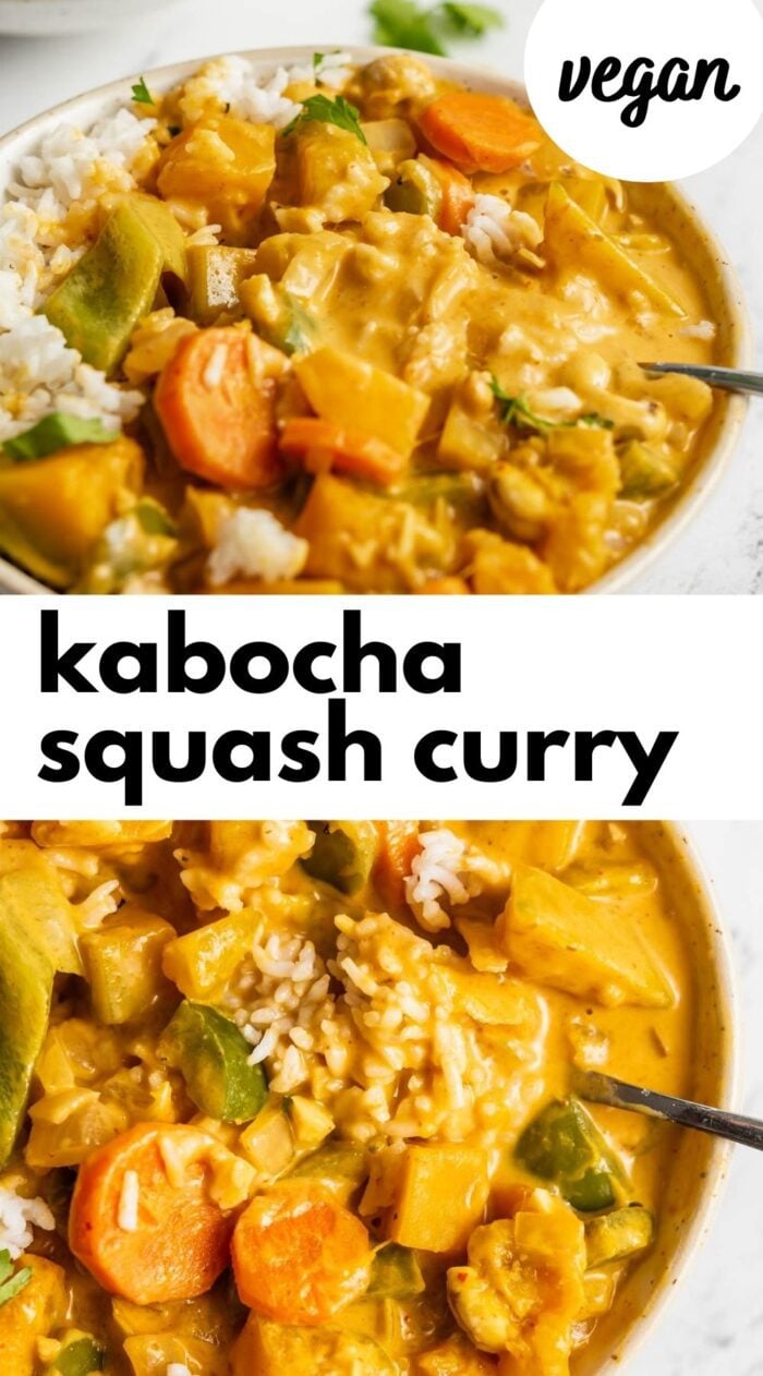 Pinterest graphic with an image and text for kabocha squash curry..