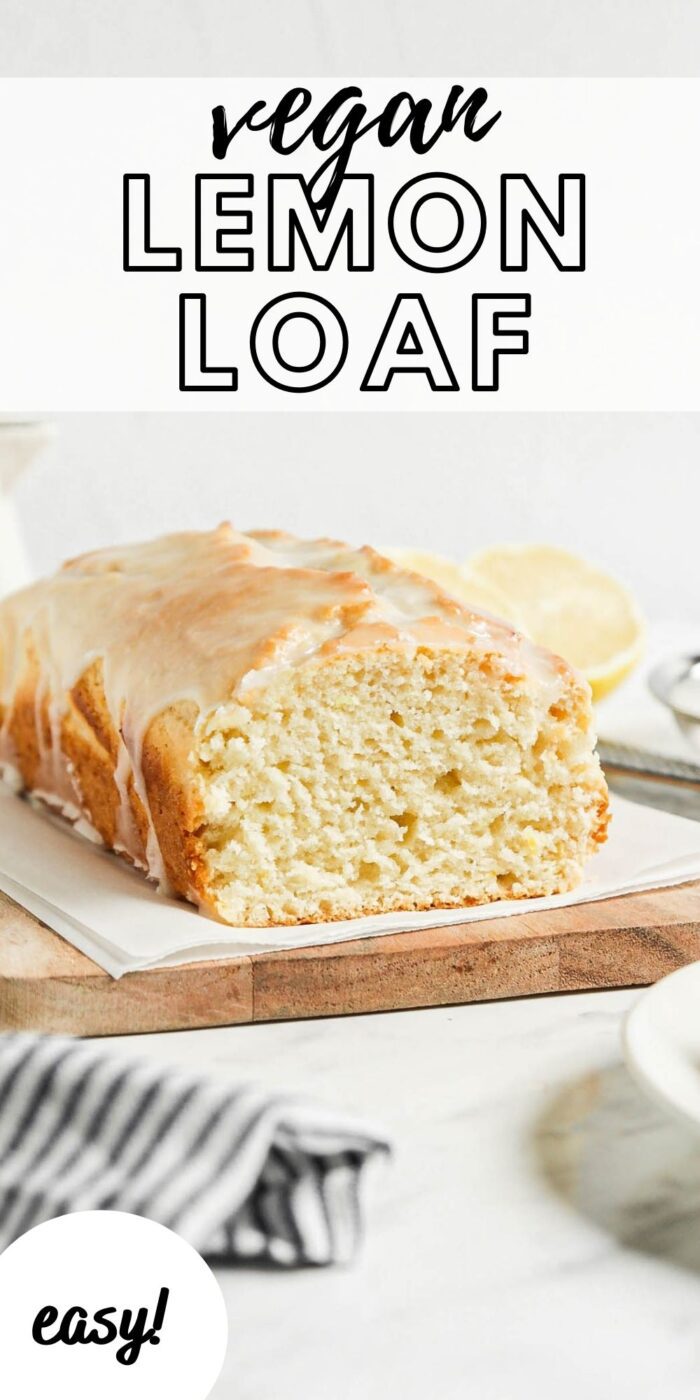 Pinterest graphic with an image and text for vegan lemon cake.