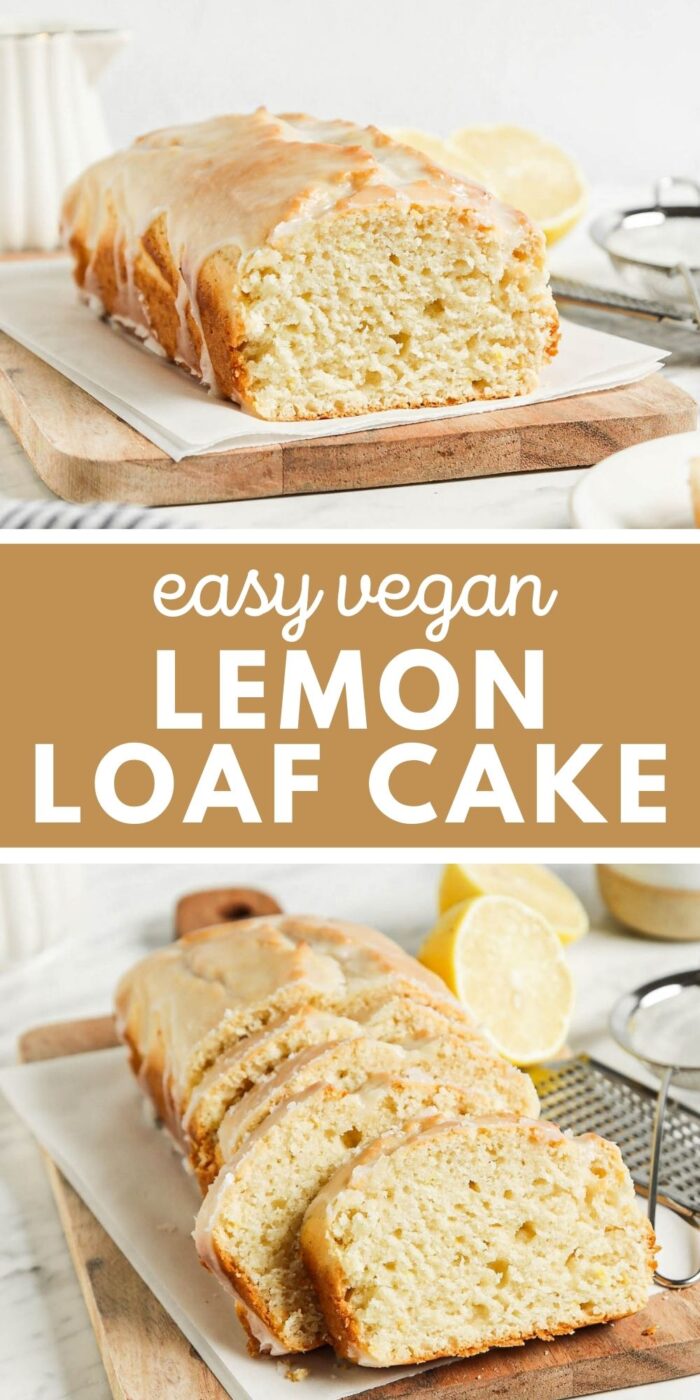 Pinterest graphic with an image and text for vegan lemon cake.