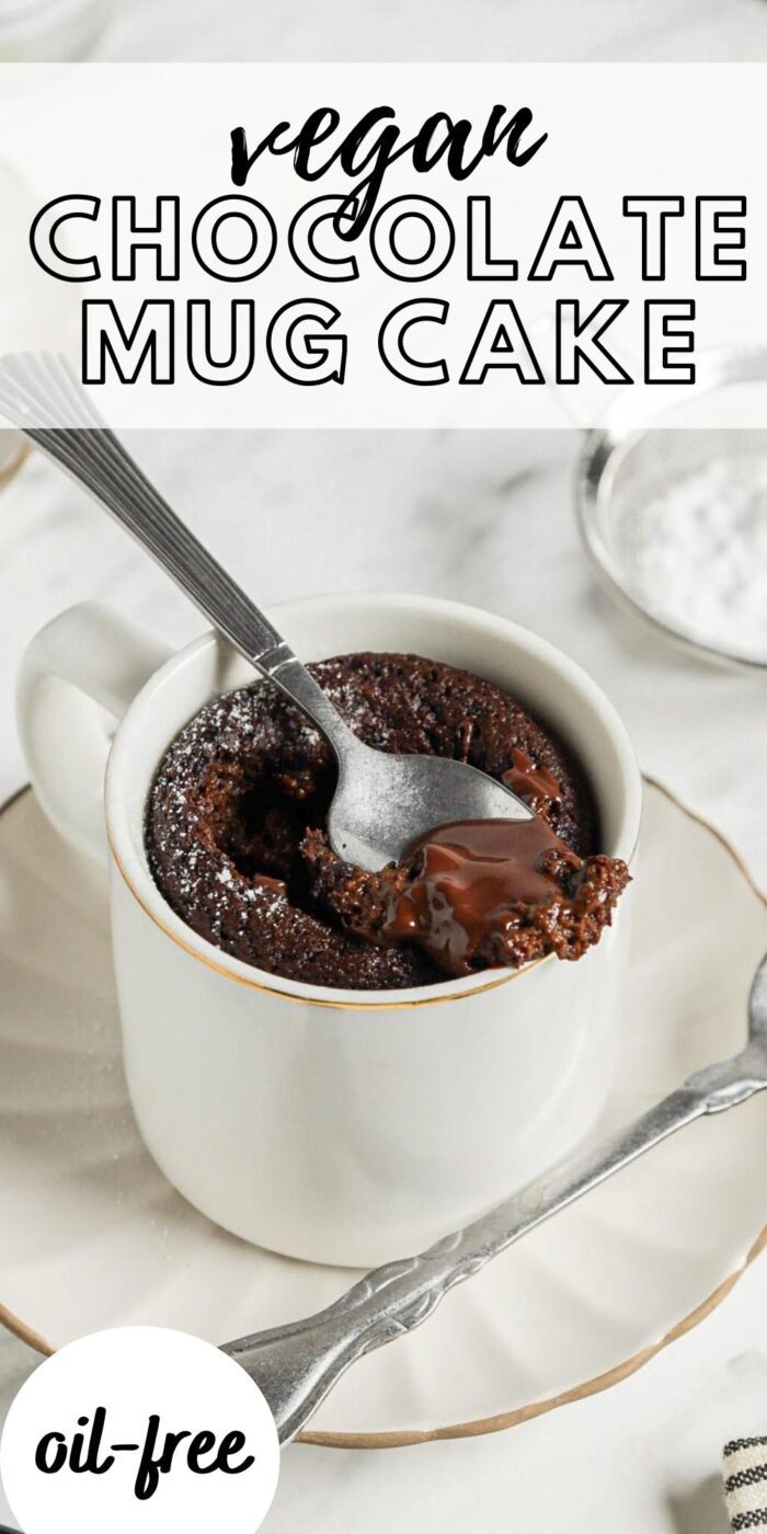 Pinterest graphic with an image and text for vegan chocolate mug cake..