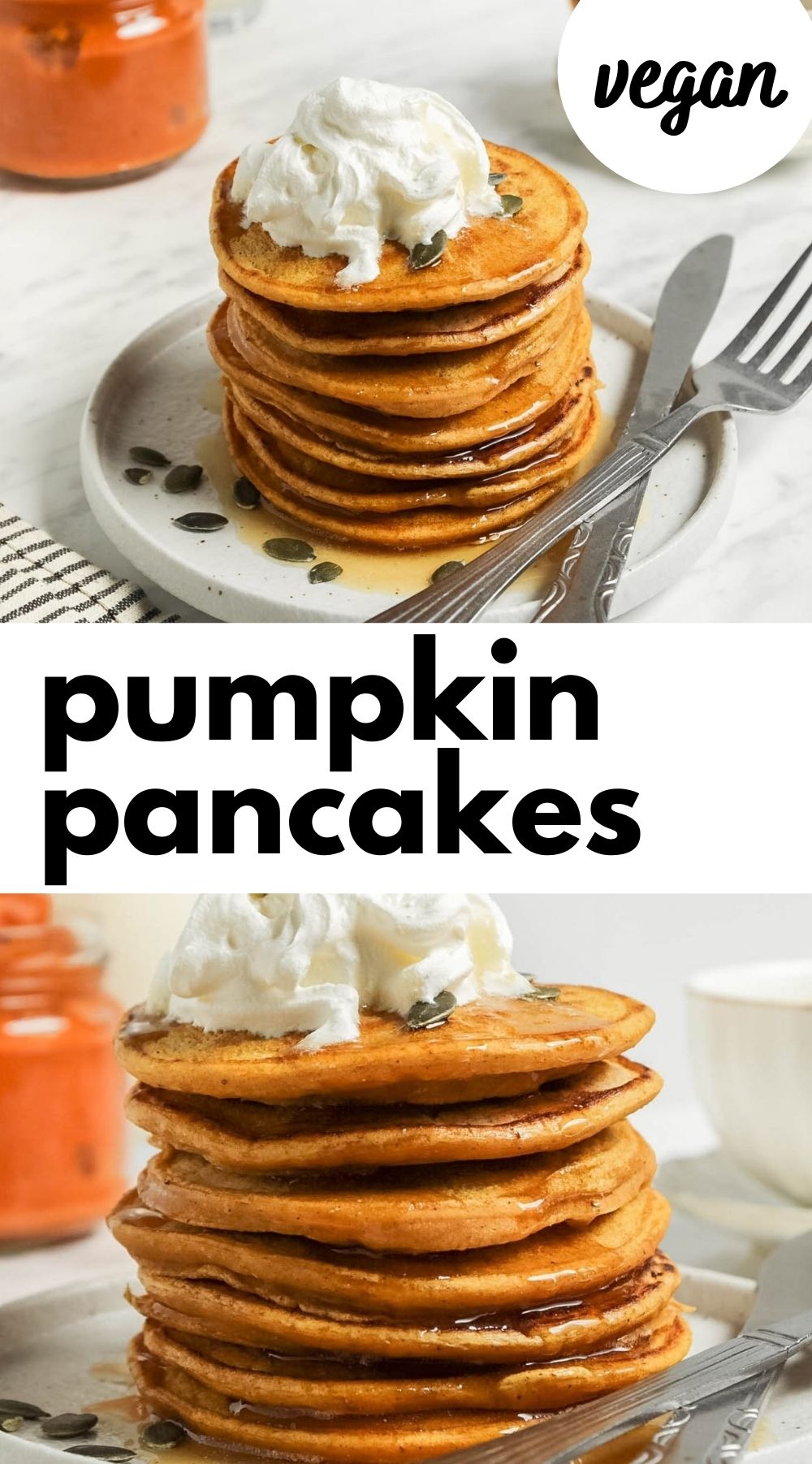 Pinterest graphic with an image and text for pumpkin pancakes.