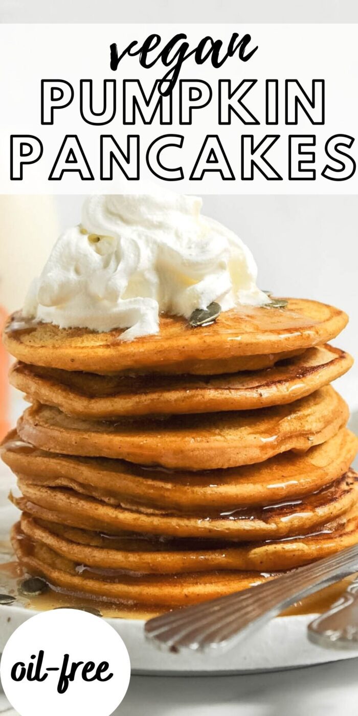 Pinterest graphic with an image and text for pumpkin pancakes.