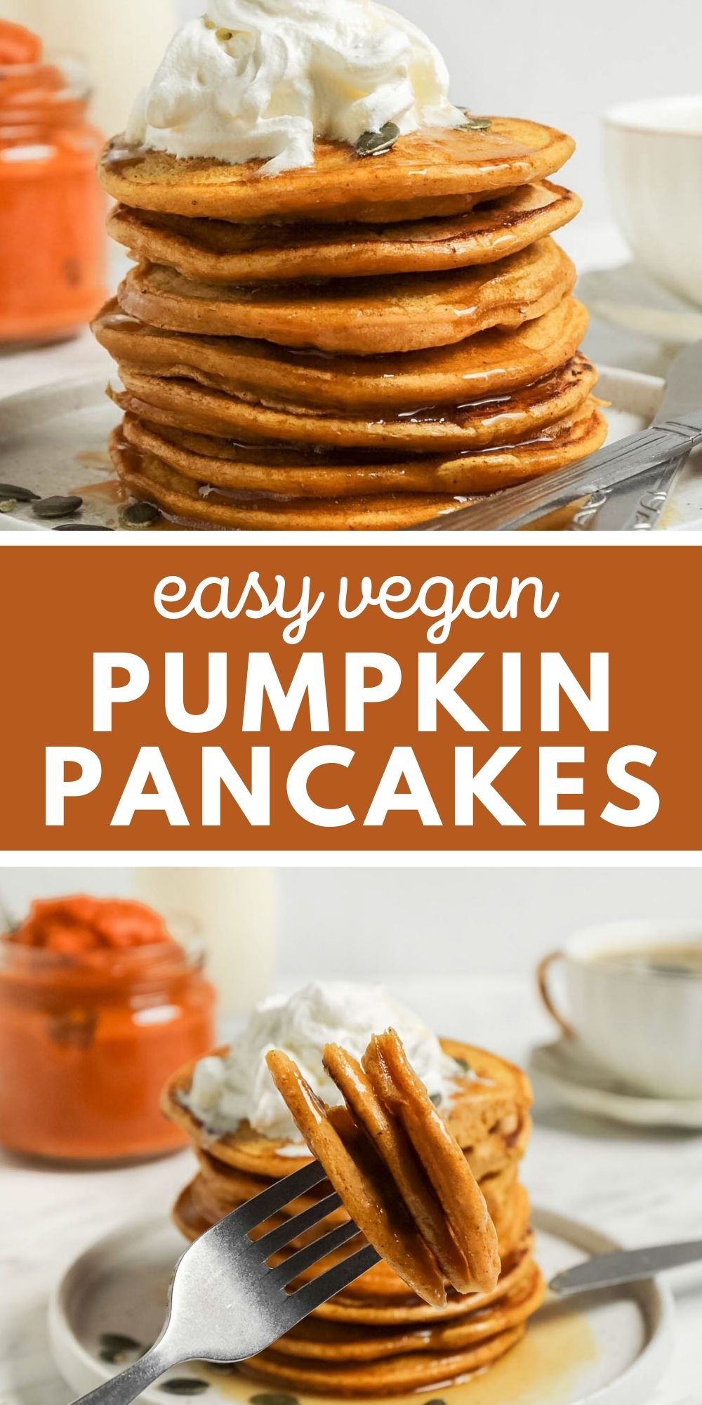 Pinterest graphic with an image and text for pumpkin pancakes.