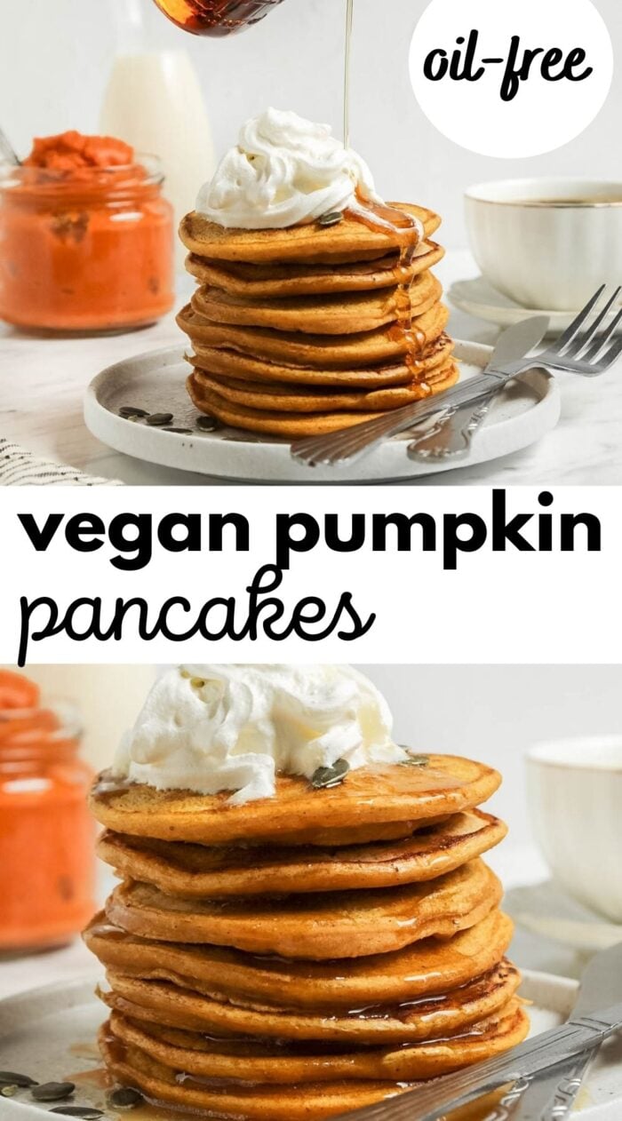 Pinterest graphic with an image and text for pumpkin pancakes.