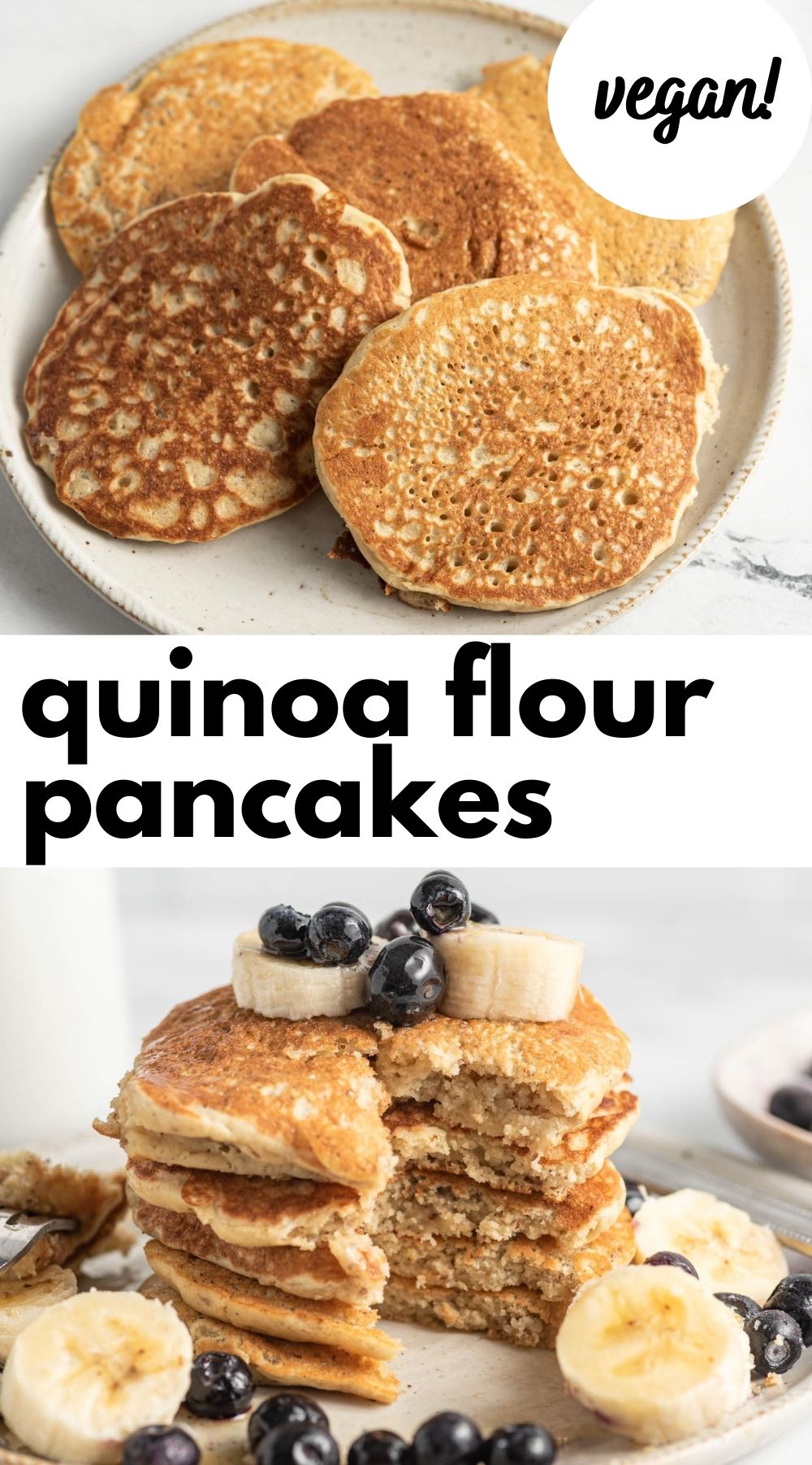 Pinterest graphic with an image and text for a vegan quinoa flour pancake recipe.