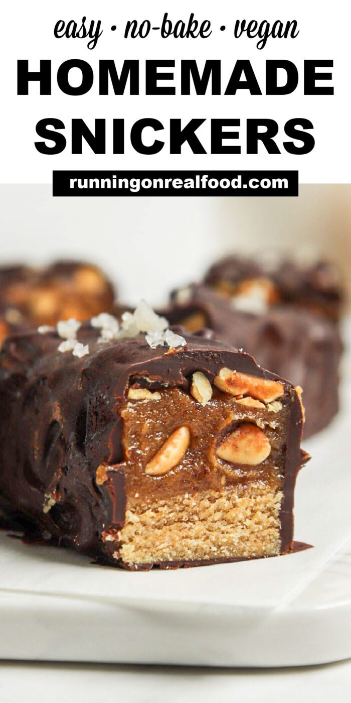 Pinterest graphic with an image and text for homemade snickers bars.