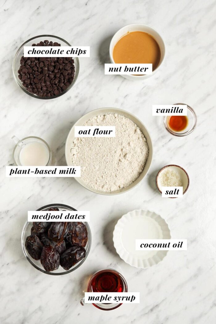 Visual list of labelled ingredients for making homemade veagn twix bars.