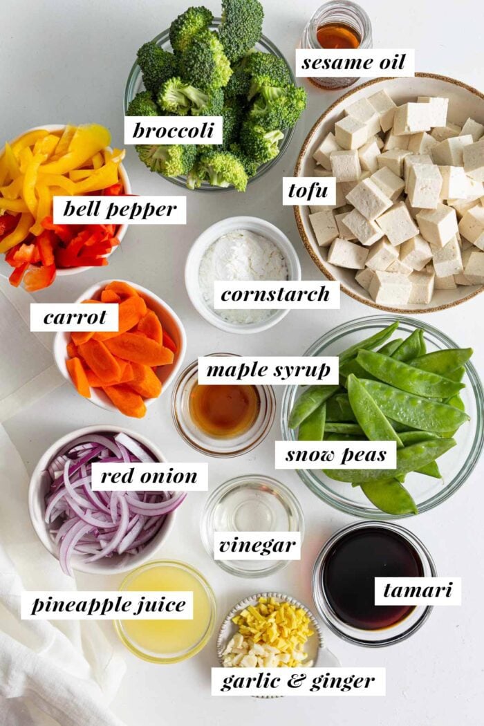 All of the ingredients needed for making a teriyaki tofu vegetable stir fry. Each ingredient is in a bowl and labelled with text overlay.