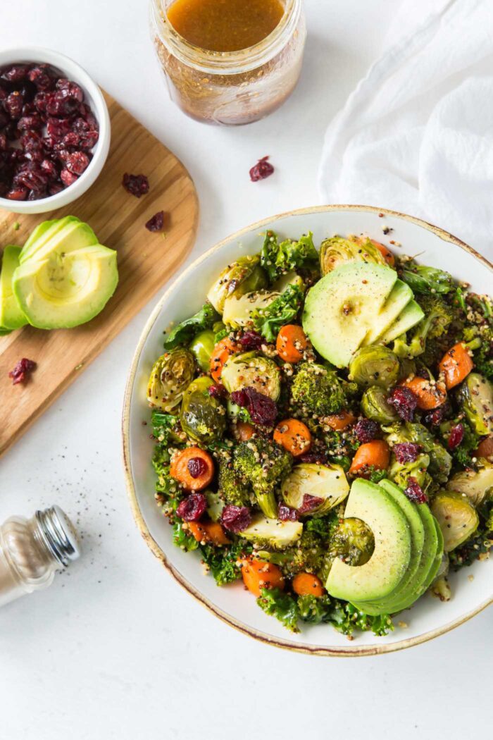Bowl of quinoa kale salad topped with avocado and cranberries. Pepper shaker, bowl of cranberries and slices avocado are beside the bowl.