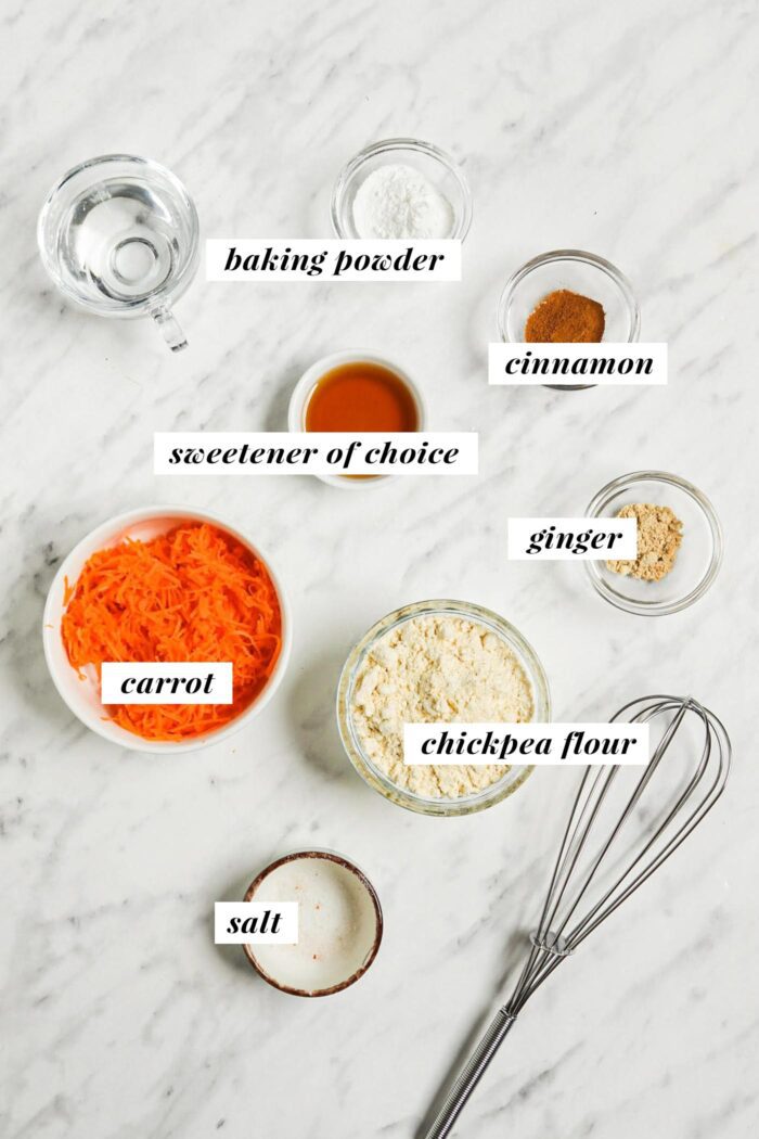 Visual ingredient list for making a healthy carrot cake pancake recipe. Each ingredient is labelled with text.