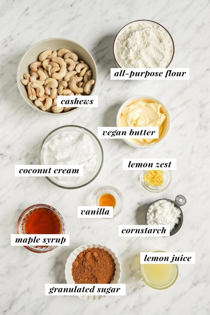 Visual of all the ingredients needed for making a creamy vegan lemon bar recipe.