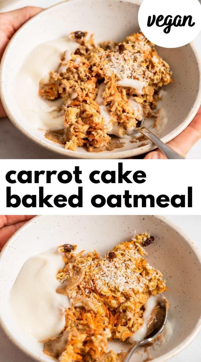 Pinterest graphic with an image and text for carrot cake baked oatmeal.