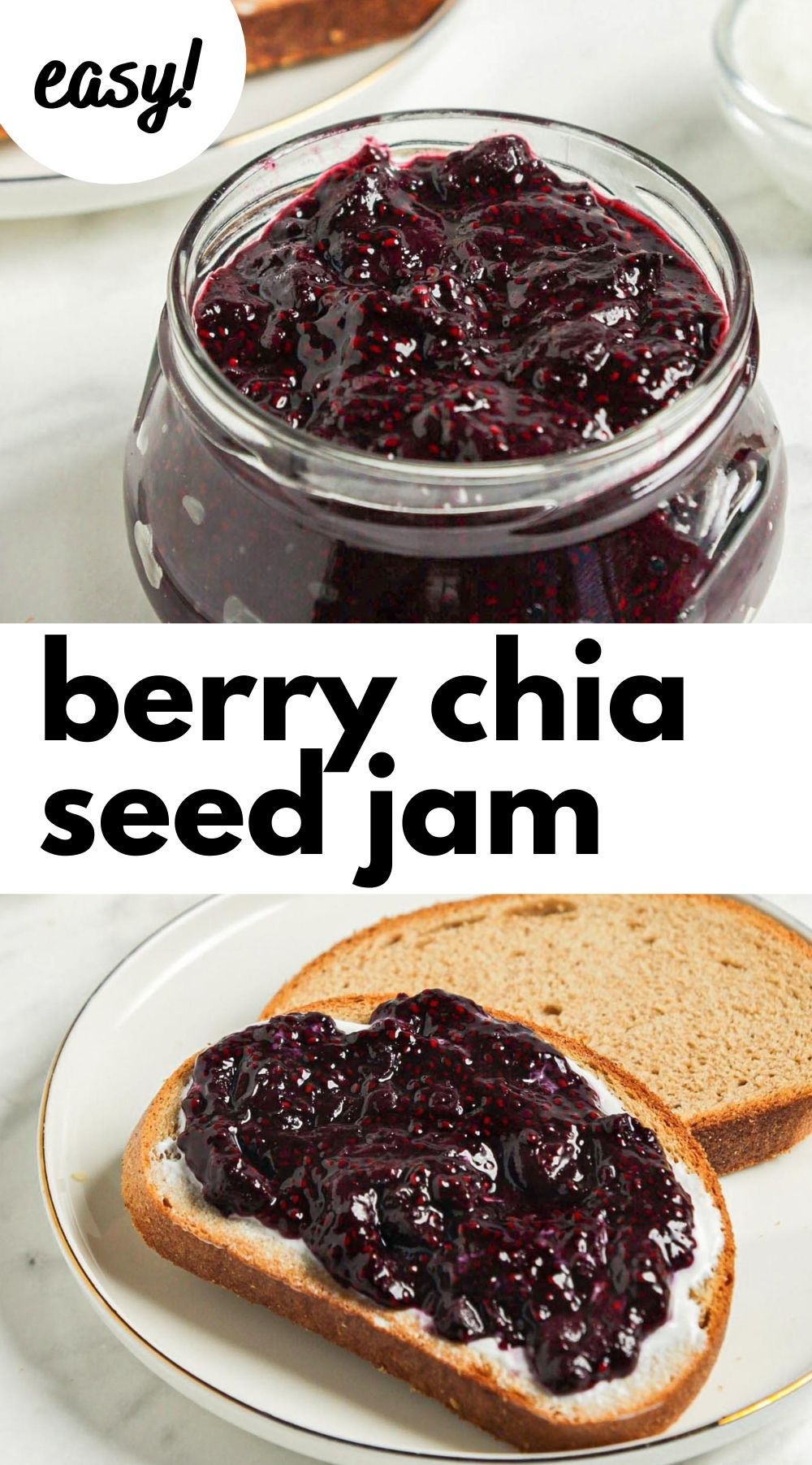 Pinterest graphic with an image and text for chia seed jam.