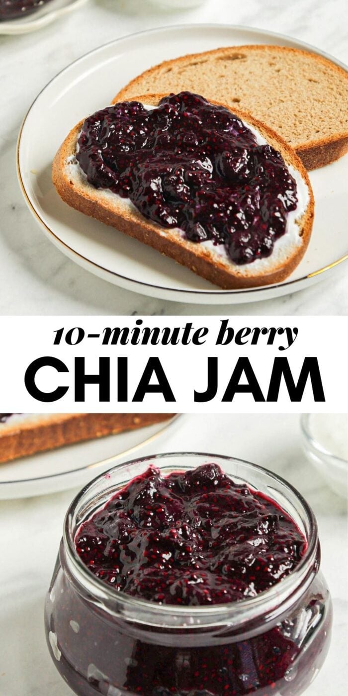 Pinterest graphic with an image and text for chia seed jam.
