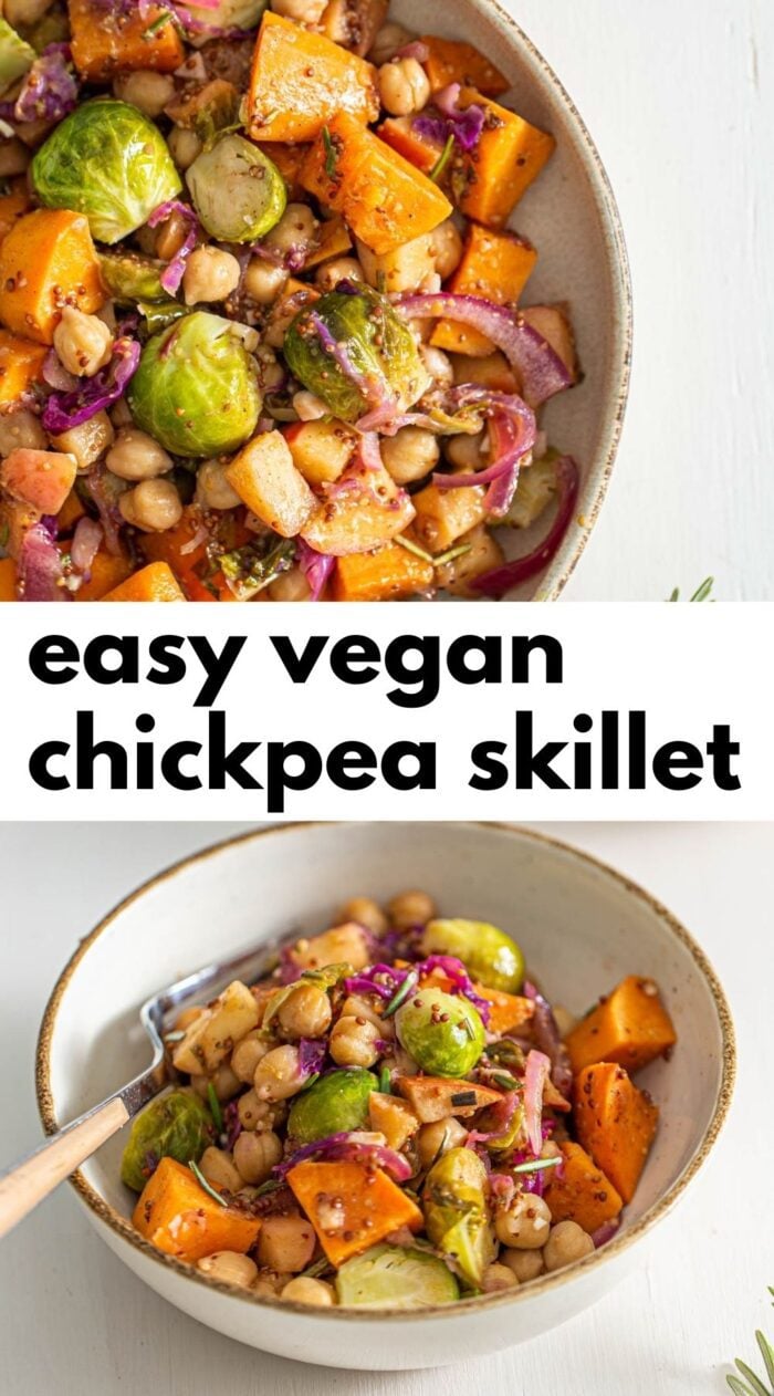 Pinterest graphic with an image and text for vegan chickpea skillet.