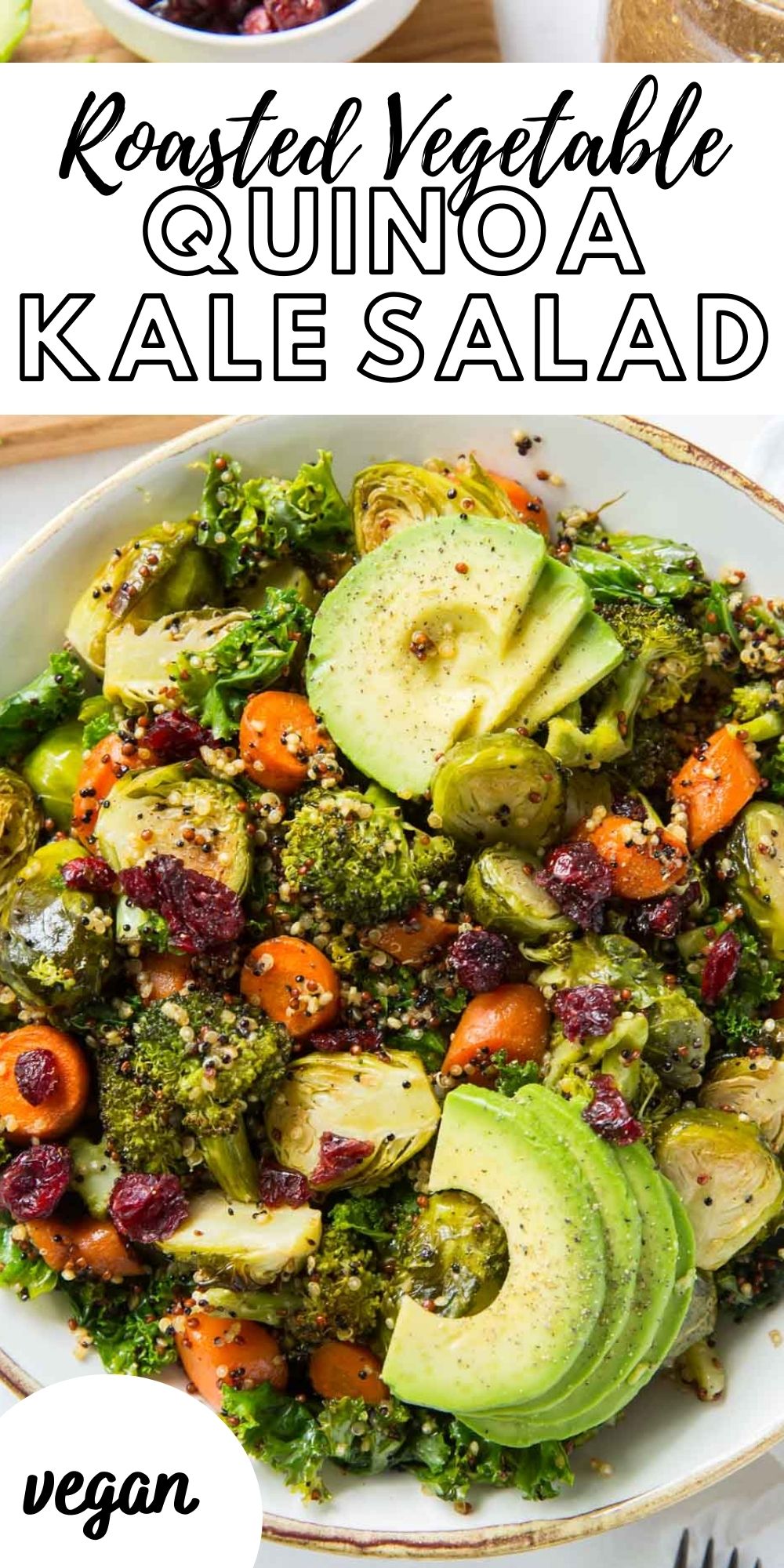 Pinterest graphic with an image and text for kale quinoa salad.