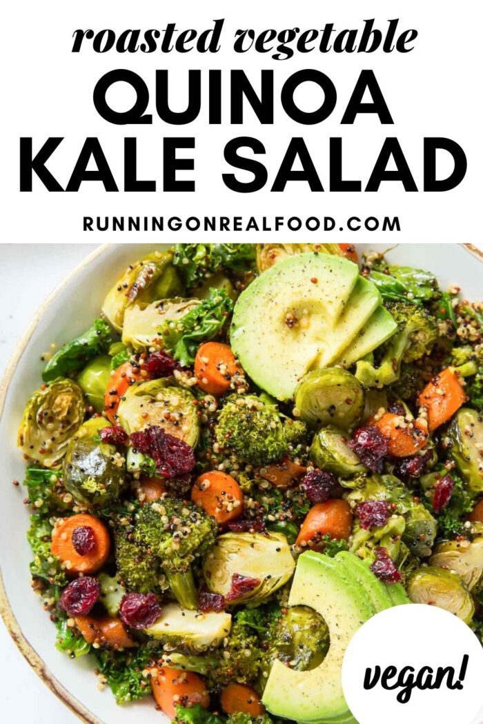 Pinterest graphic with an image and text for kale quinoa salad.