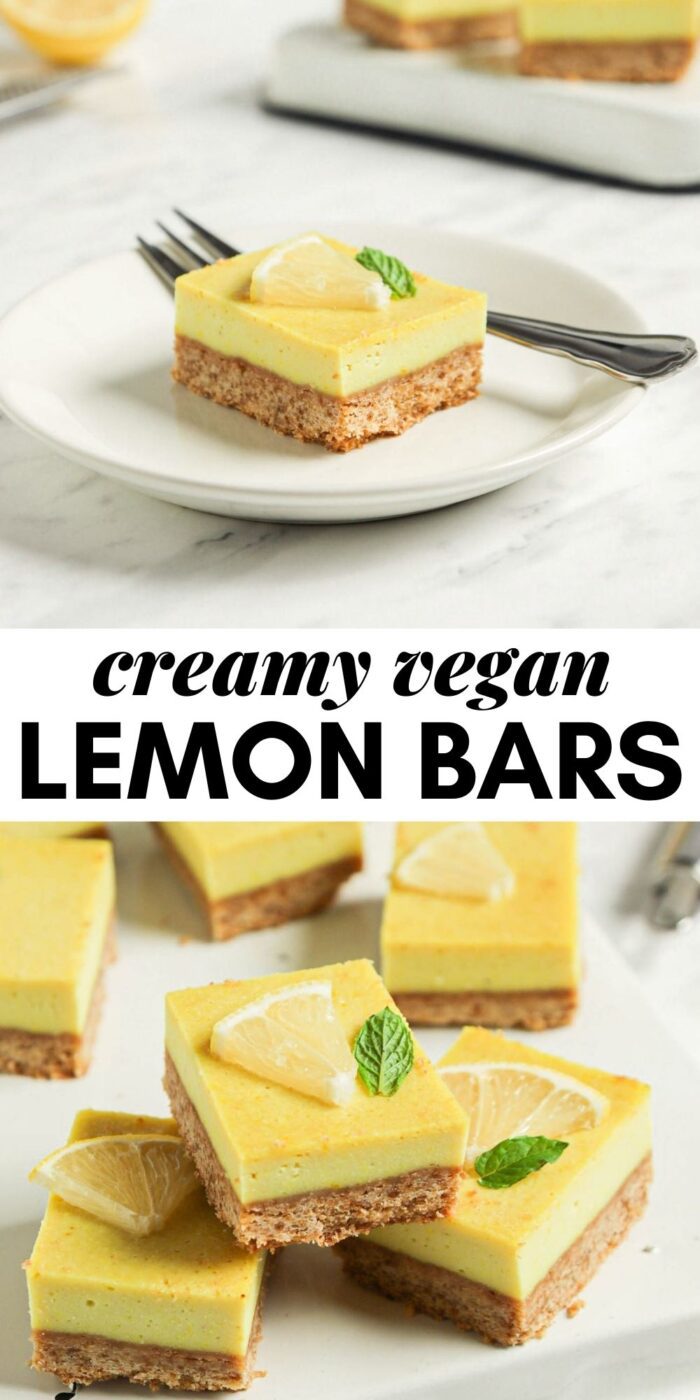 Pinterest graphic with an image and text for vegan lemon bars.