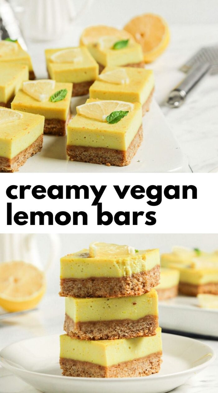Pinterest graphic with an image and text for vegan lemon bars.