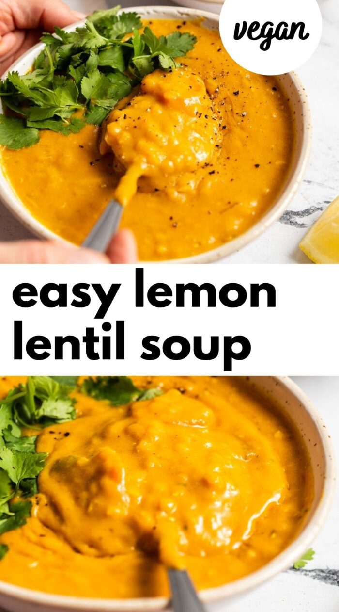 Pinterest graphic with an image and text for vegan lemon lentil soup.