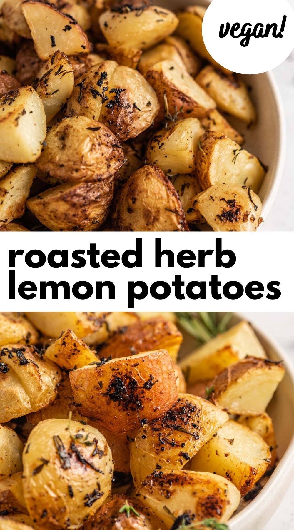 Pinterest graphic with an image and text for lemon herb potatoes.