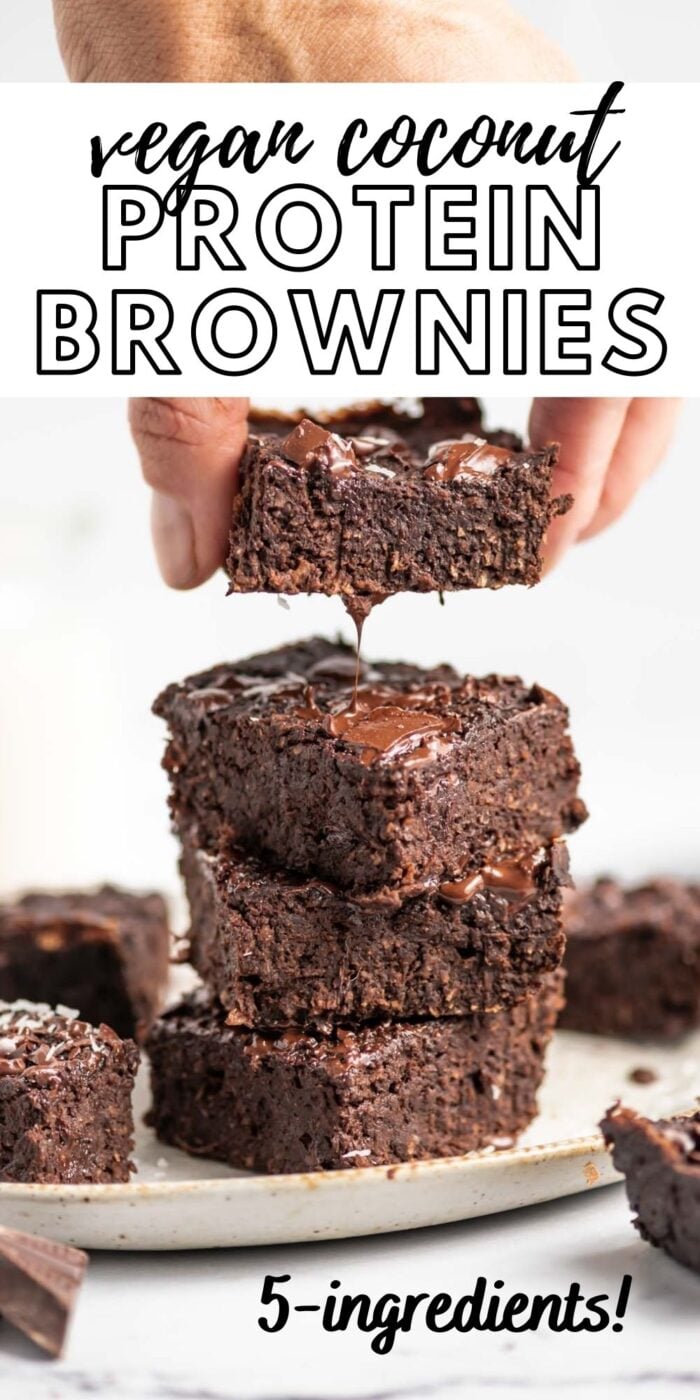 Pinterest graphic with an image and text for coconut protein brownies.
