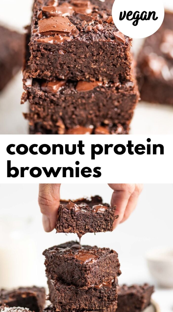 Pinterest graphic with an image and text for coconut protein brownies.