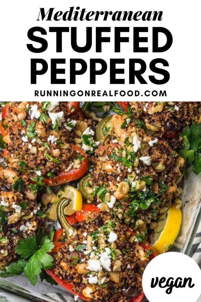 Pinterest graphic with an image and text for vegan stuffed peppers.