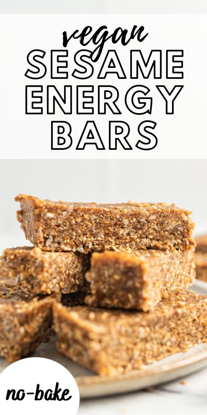Pinterest graphic with an image and text for sesame seed bars.