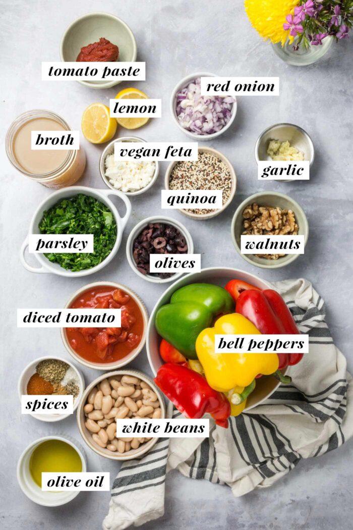 Visual ingredient list for making a Mediterranean stuffed bell peppers. Each ingredient is labelled with a text overlay.