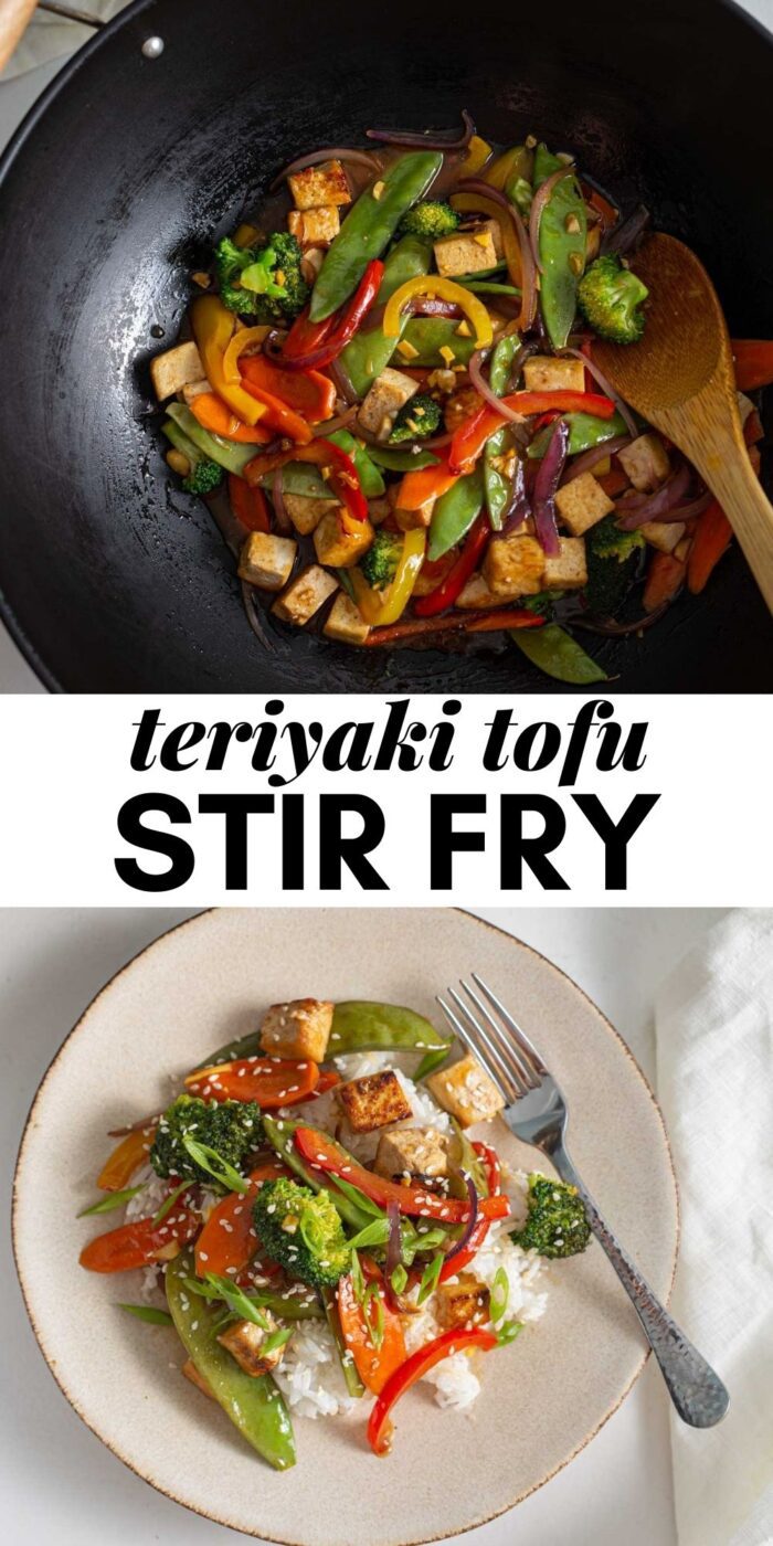 Pinterest graphic with an image and text for vegan tofu teriyaki stir fry.
