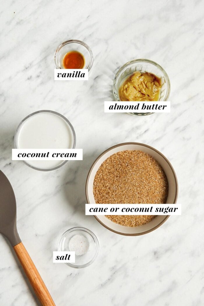 All ingredients needed for making a vegan caramel sauce recipe. Each ingredient is labelled with text overlay.