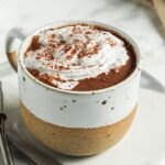 Close up of a mug of hot chocolate topped with whipped cream on a small plate with a spoon and a small whisk.