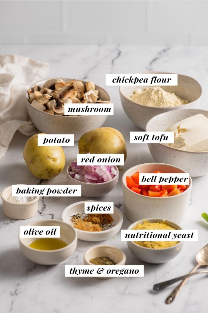 Visual list of all the ingredients needed for making a vegan potato breakfast casserole.