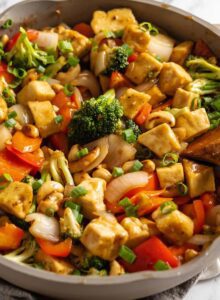 A cashew tofu vegetable stir fry in a large skillet on a marble surface.