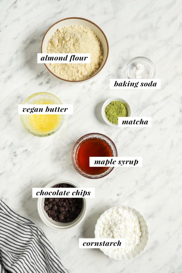 All ingredients needed for making a vegan matcha cookie recipe.