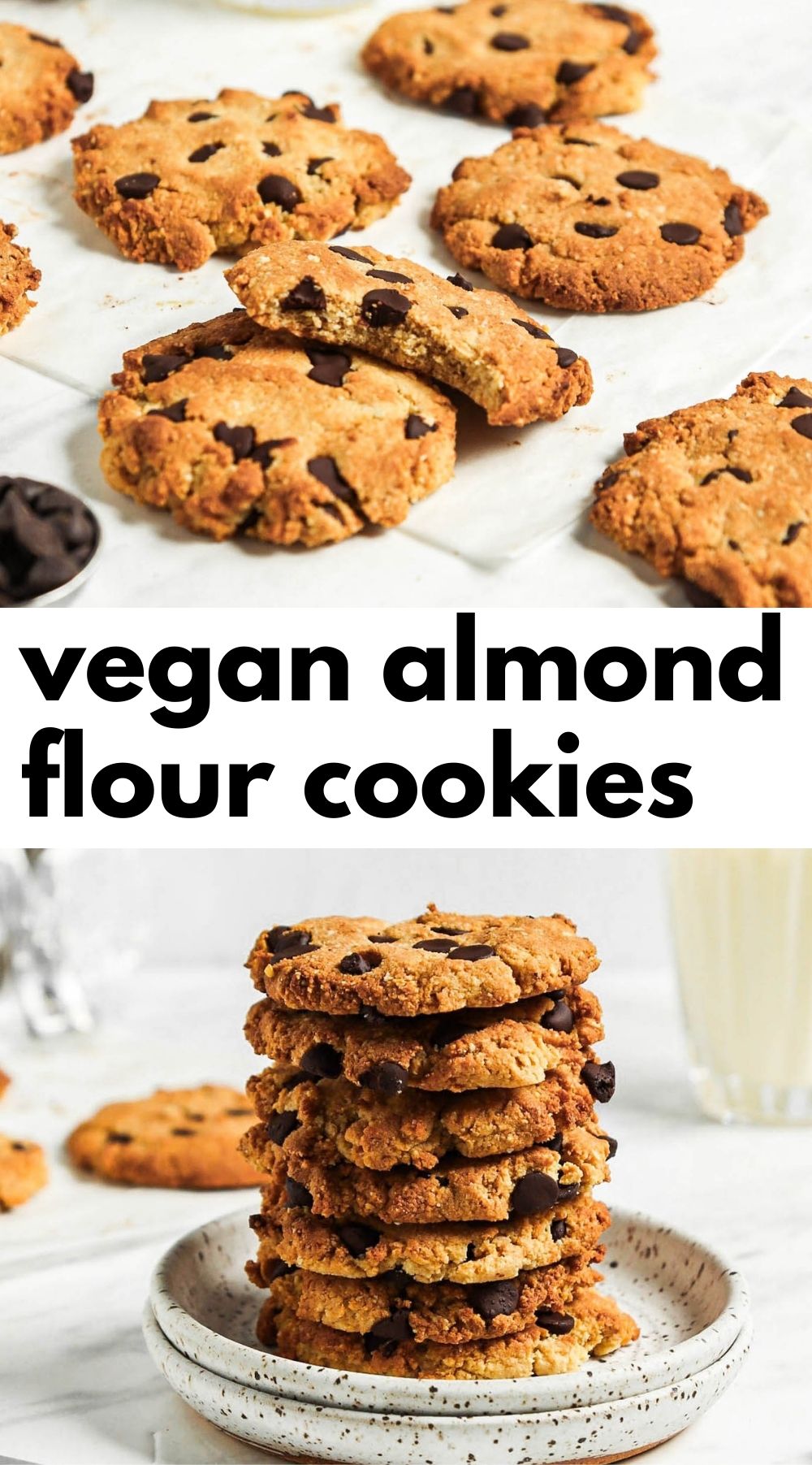 Pinterest graphic with an image and text for almond flour chocolate chip cookies.