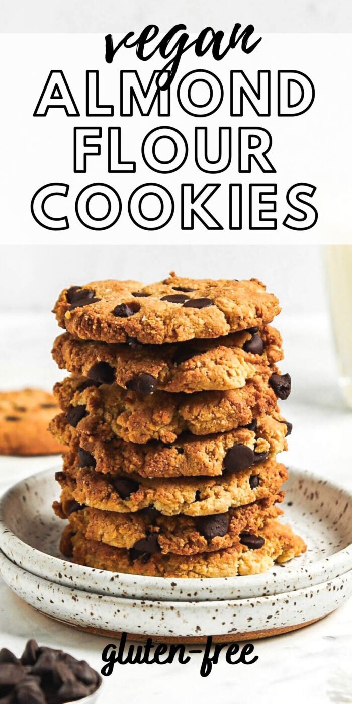Pinterest graphic with an image and text for almond flour chocolate chip cookies.