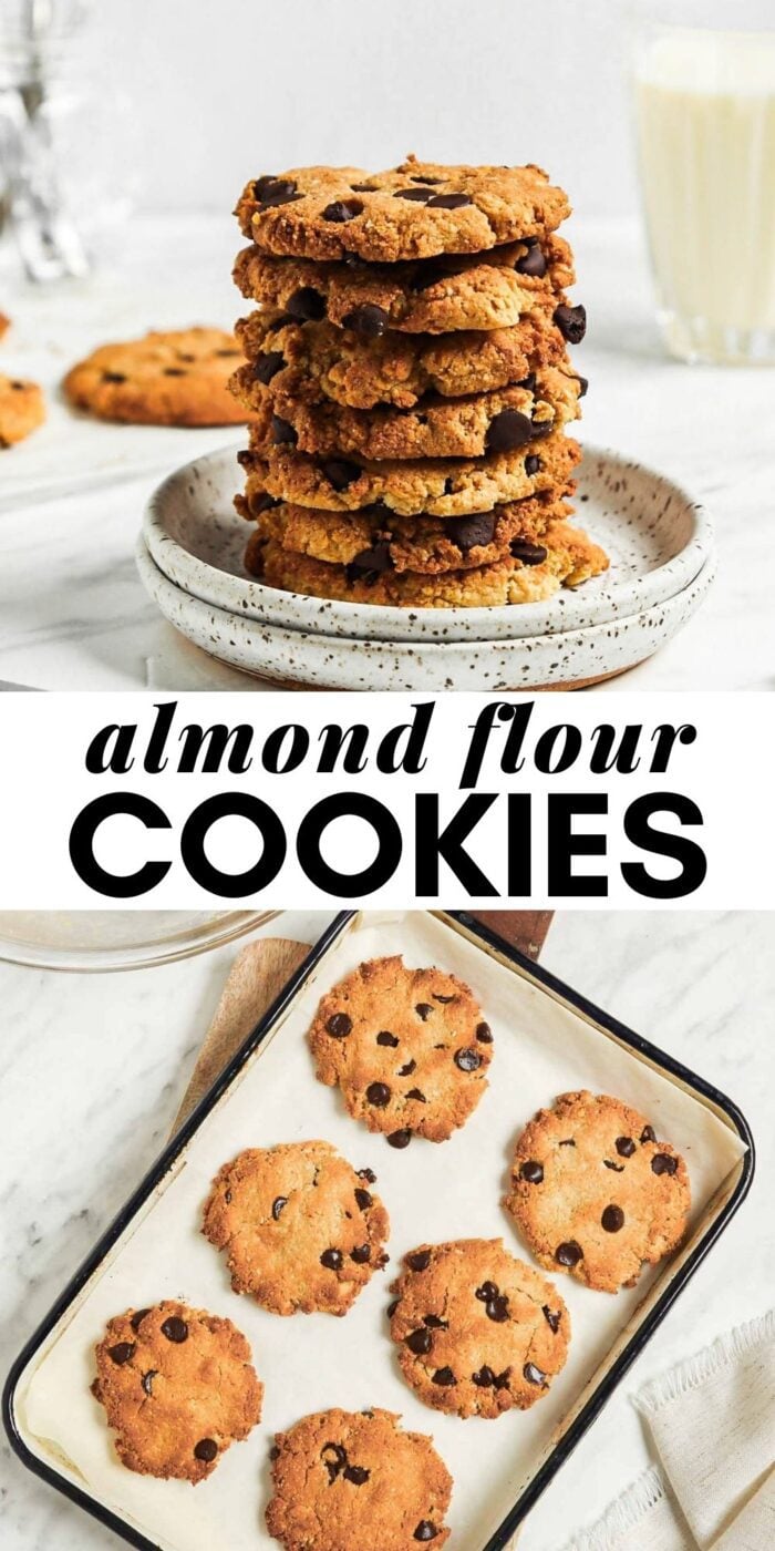 Pinterest graphic with an image and text for almond flour chocolate chip cookies.